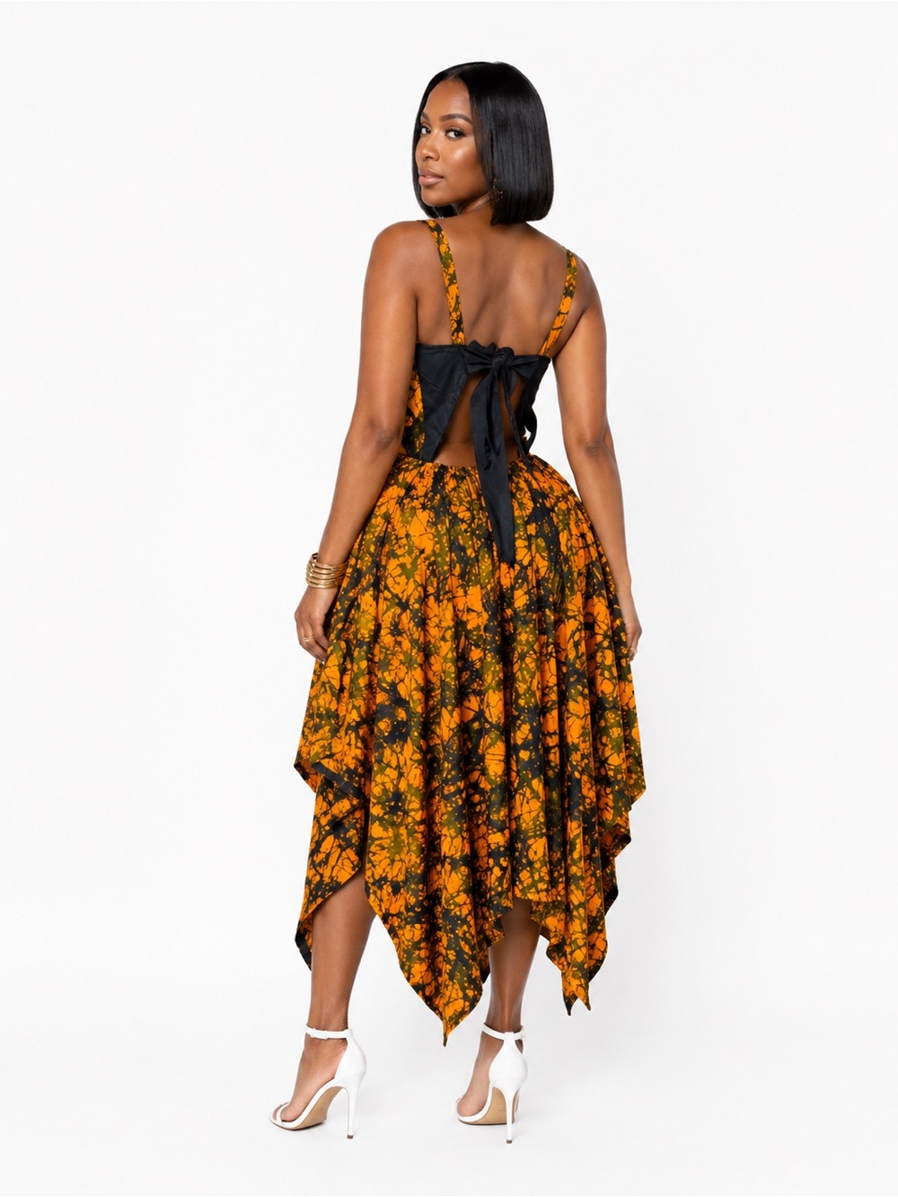 Black Tie-Back Orange Handkerchief-Hem Asymmetrical Dress